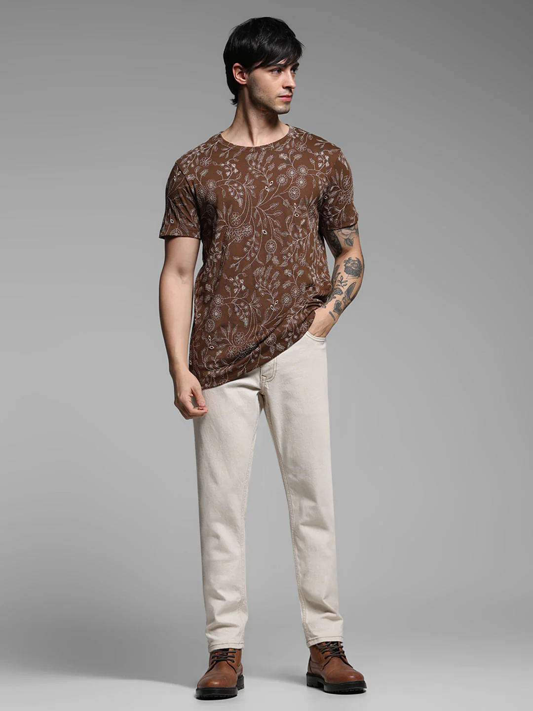 Brown Embroidered Floral Cotton T-shirt - Image 6