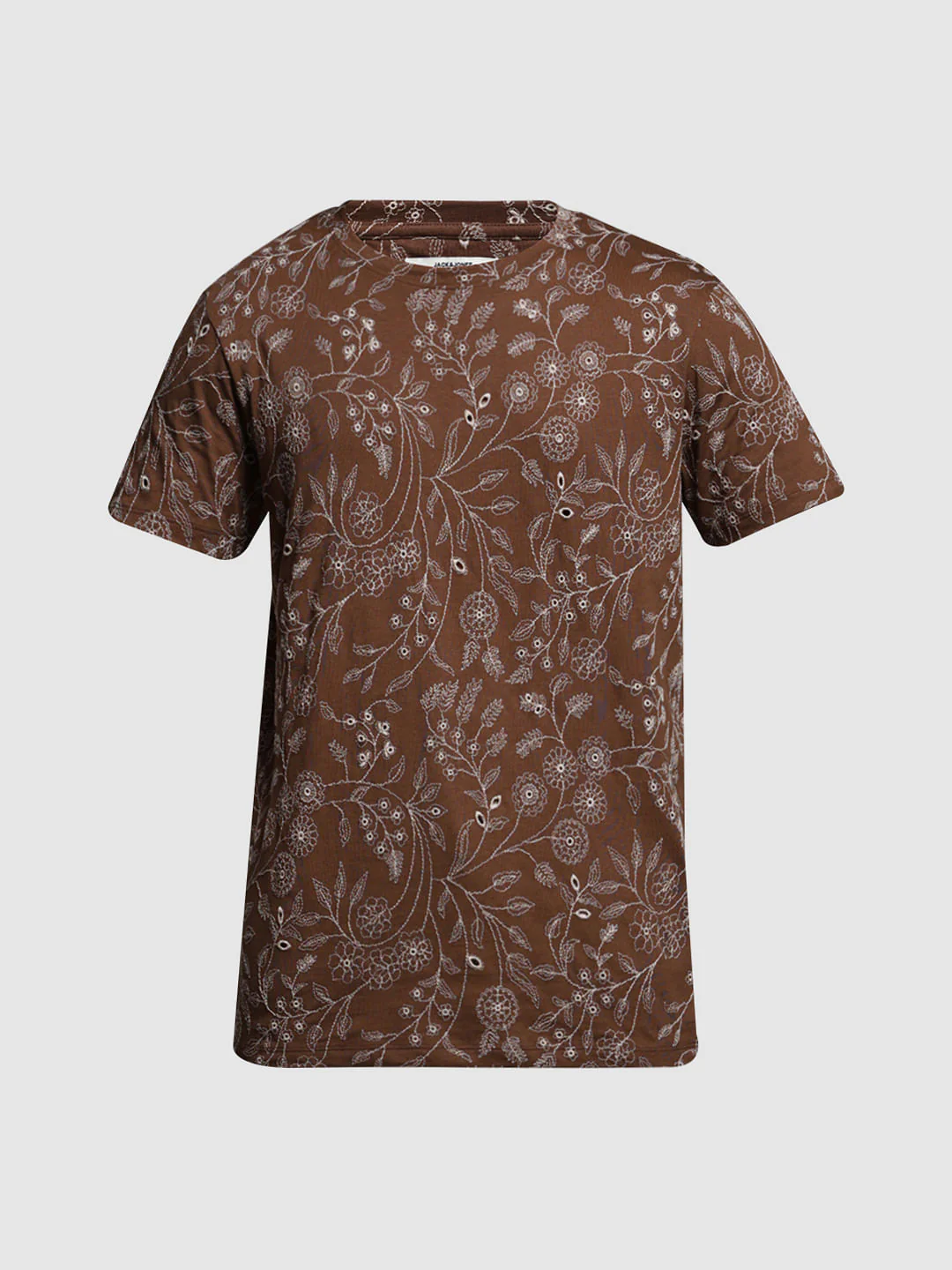 Brown Embroidered Floral Cotton T-shirt - Image 7