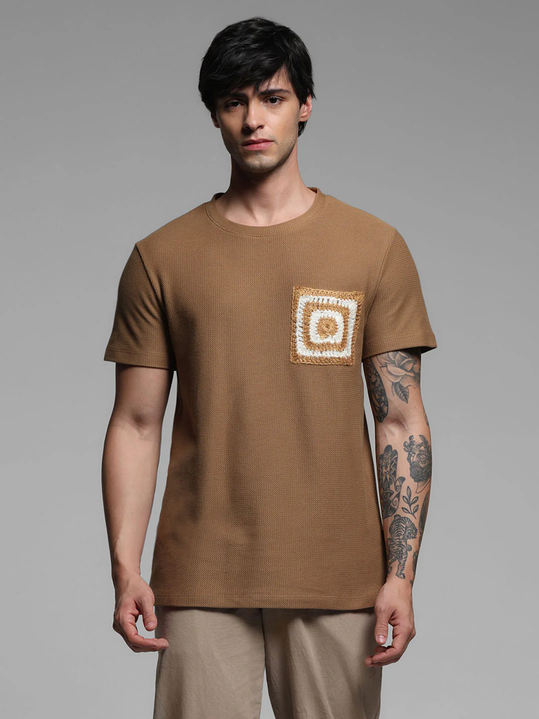 Brown Crochet Pocket Detail T-shirt - Image 2