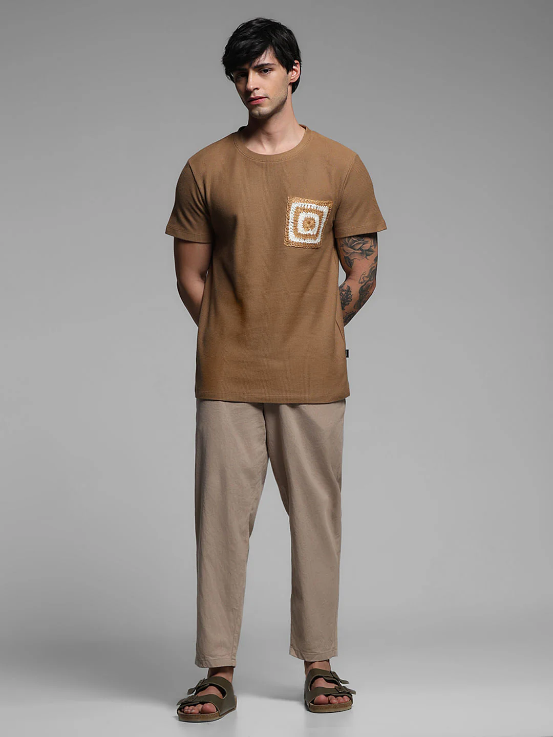 Brown Crochet Pocket Detail T-shirt - Image 6