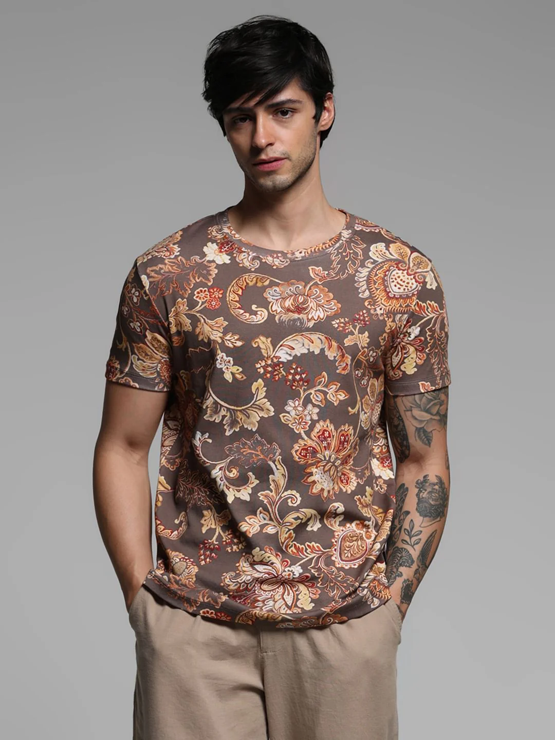 Brown Printed Crew Neck T-shirt - Image 2