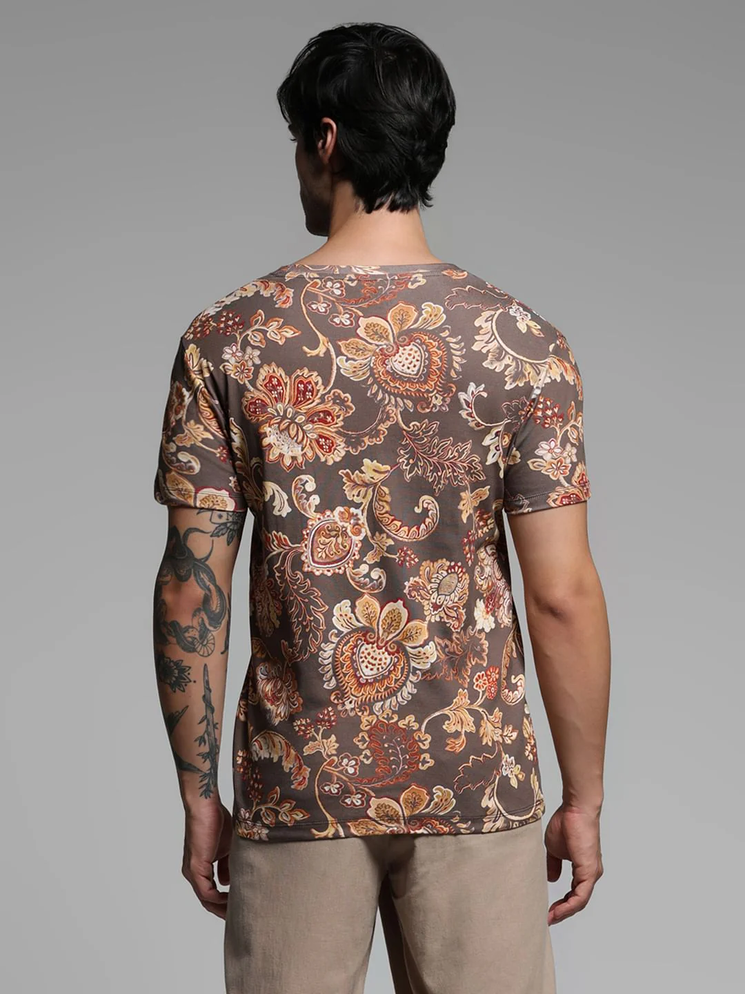 Brown Printed Crew Neck T-shirt - Image 4