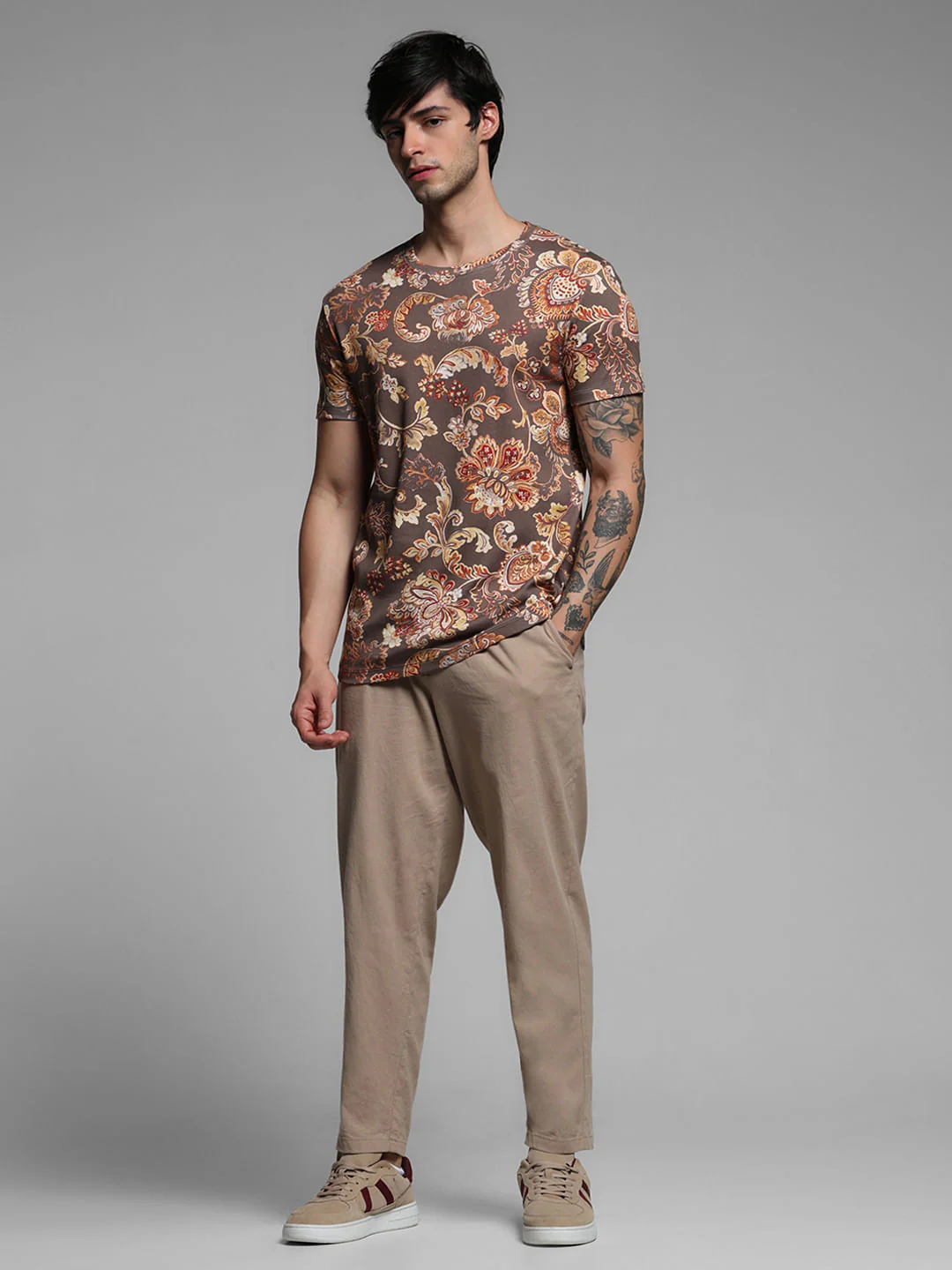 Brown Printed Crew Neck T-shirt - Image 6