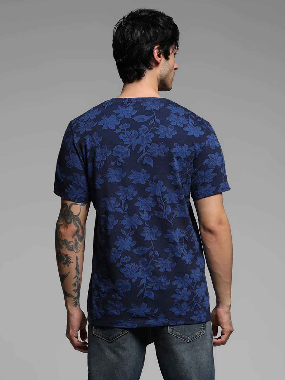 Dark Blue Floral Crew Neck T-shirt - Image 4