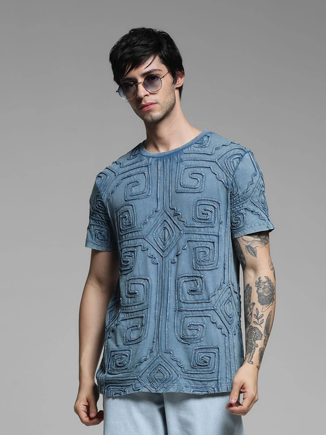 Blue Embroidered Washed Cotton T-shirt