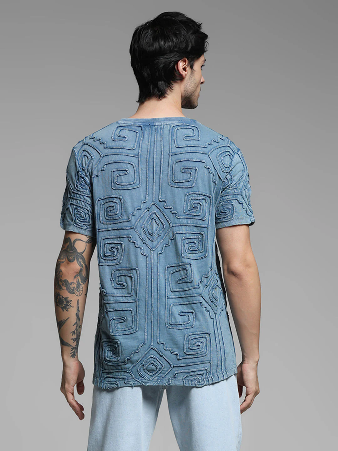 Blue Embroidered Washed Cotton T-shirt - Image 4