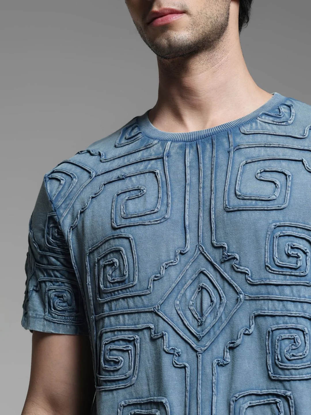 Blue Embroidered Washed Cotton T-shirt - Image 5