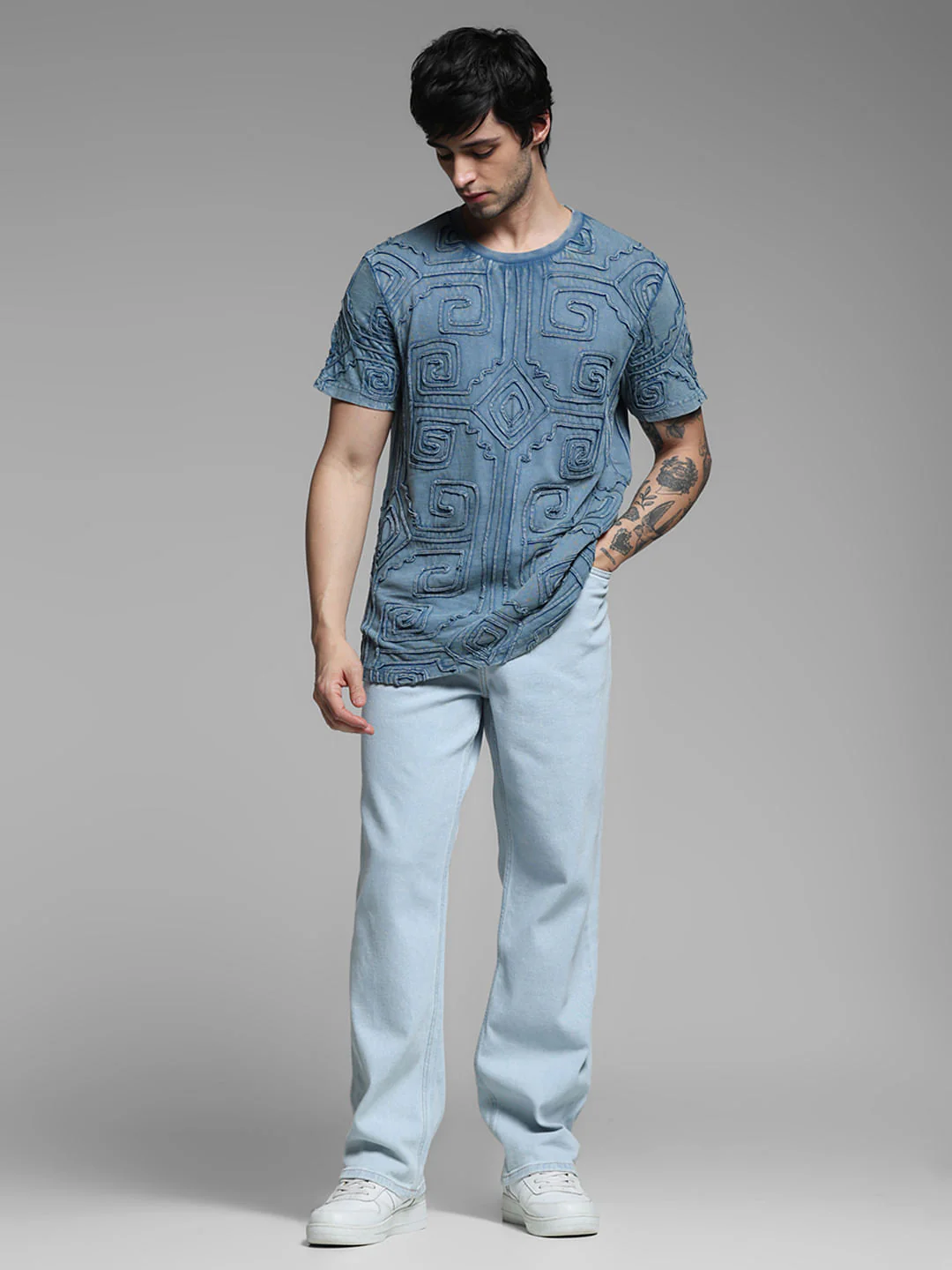 Blue Embroidered Washed Cotton T-shirt - Image 6