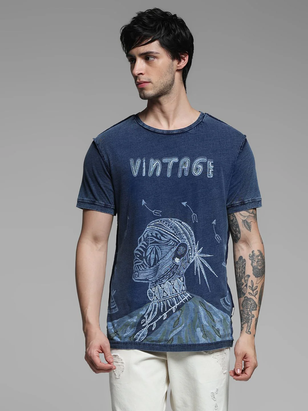 Blue Indigo Dyed Printed Cotton T-shirt - Image 2