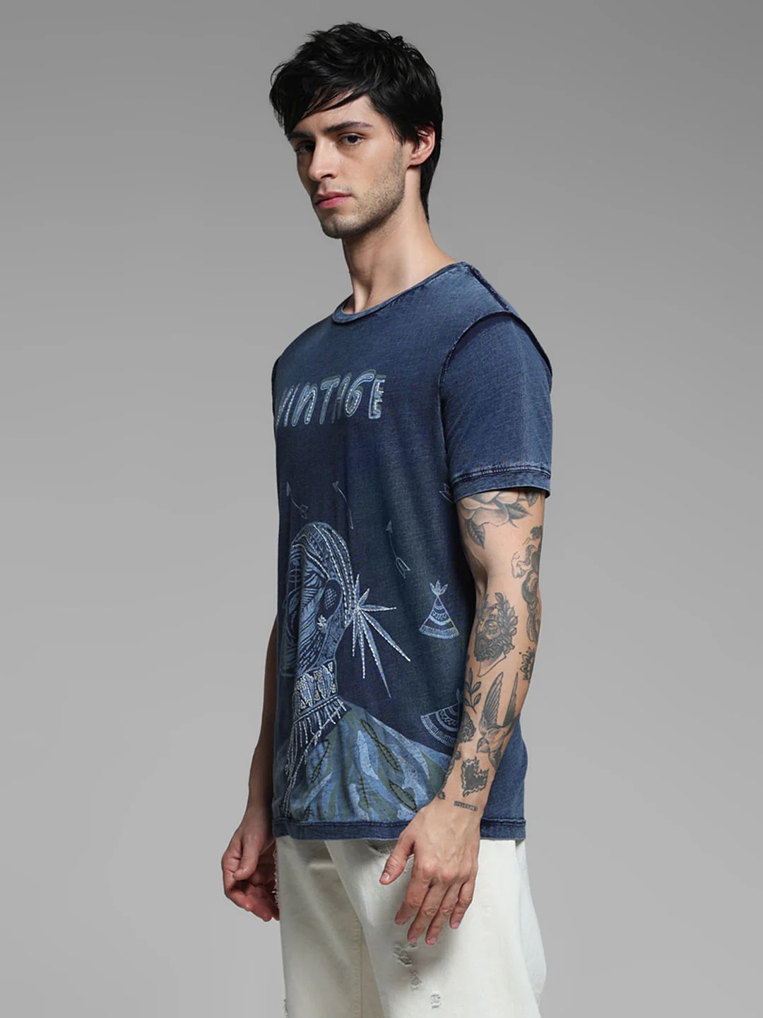 Blue Indigo Dyed Printed Cotton T-shirt - Image 3
