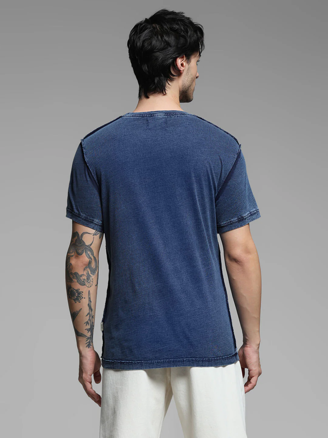 Blue Indigo Dyed Printed Cotton T-shirt - Image 4