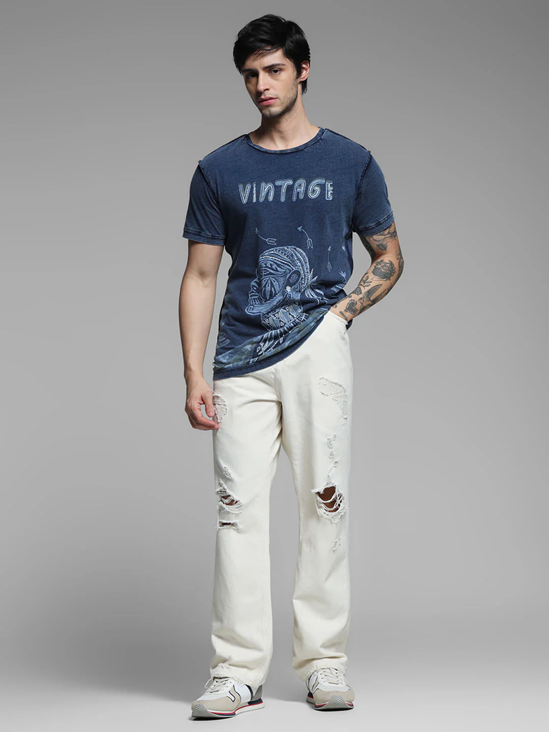 Blue Indigo Dyed Printed Cotton T-shirt - Image 6
