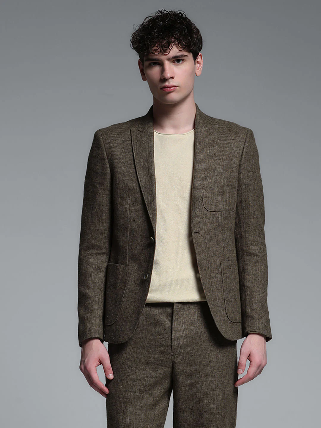 Dark Brown Linen Suit Set Blazer - Image 2