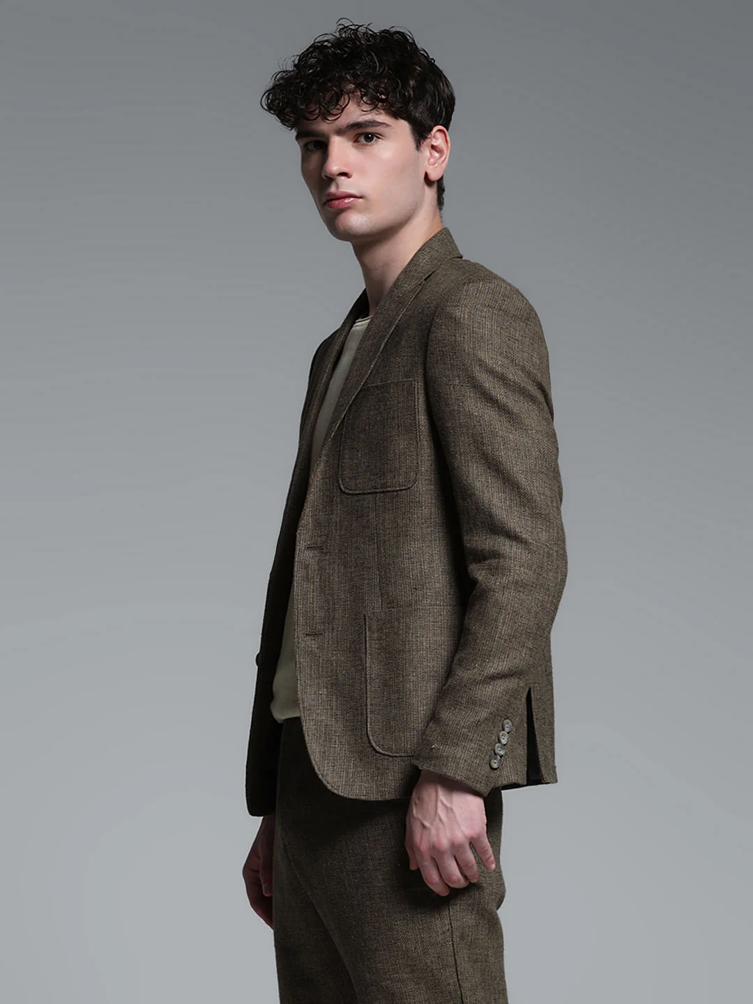 Dark Brown Linen Suit Set Blazer - Image 3