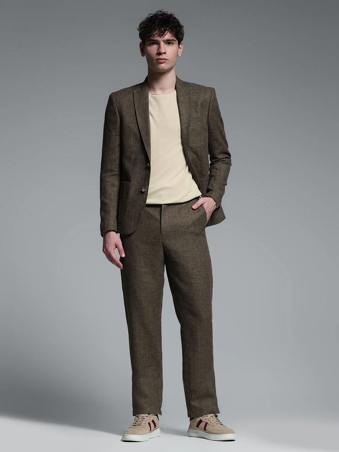 Dark Brown Linen Suit Set Blazer - Image 6