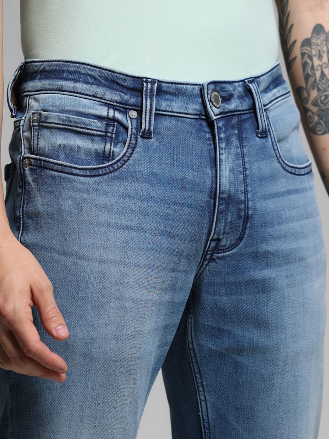 Blue Mid Rise Brak Knitted Slim Jeans - Image 4