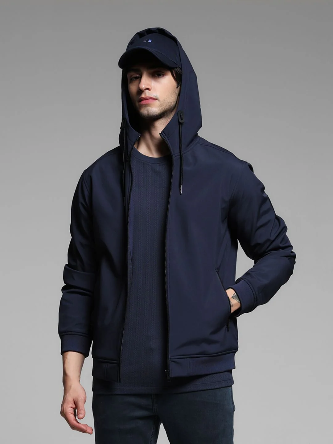 Navy Blue Softshell Hooded Windcheater