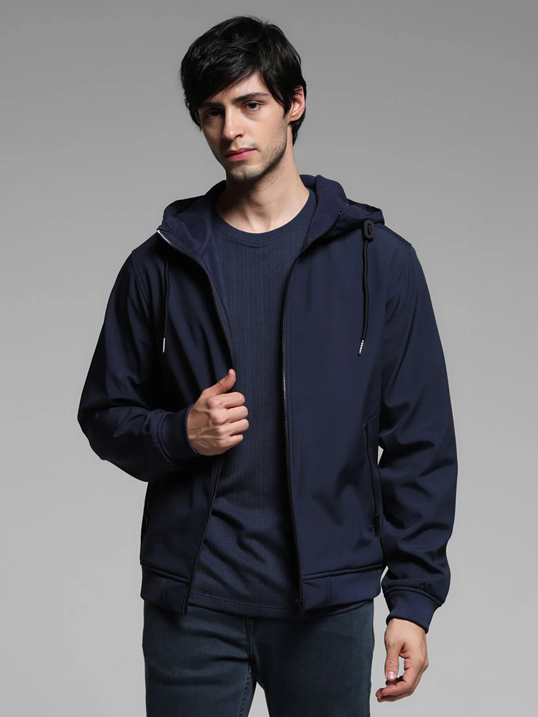 Navy Blue Softshell Hooded Windcheater - Image 2