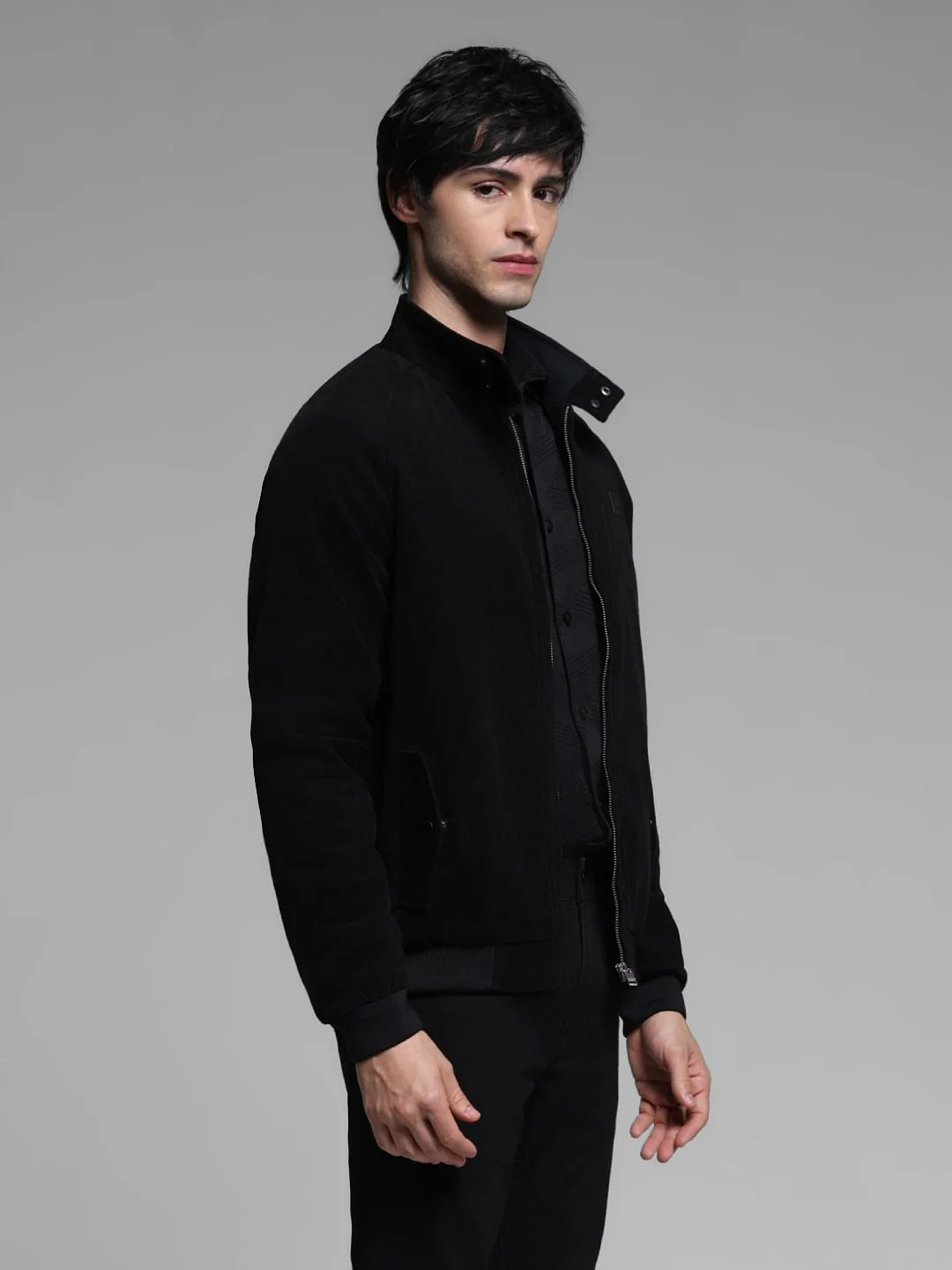 Black High Neck Corduroy Jacket - Image 3