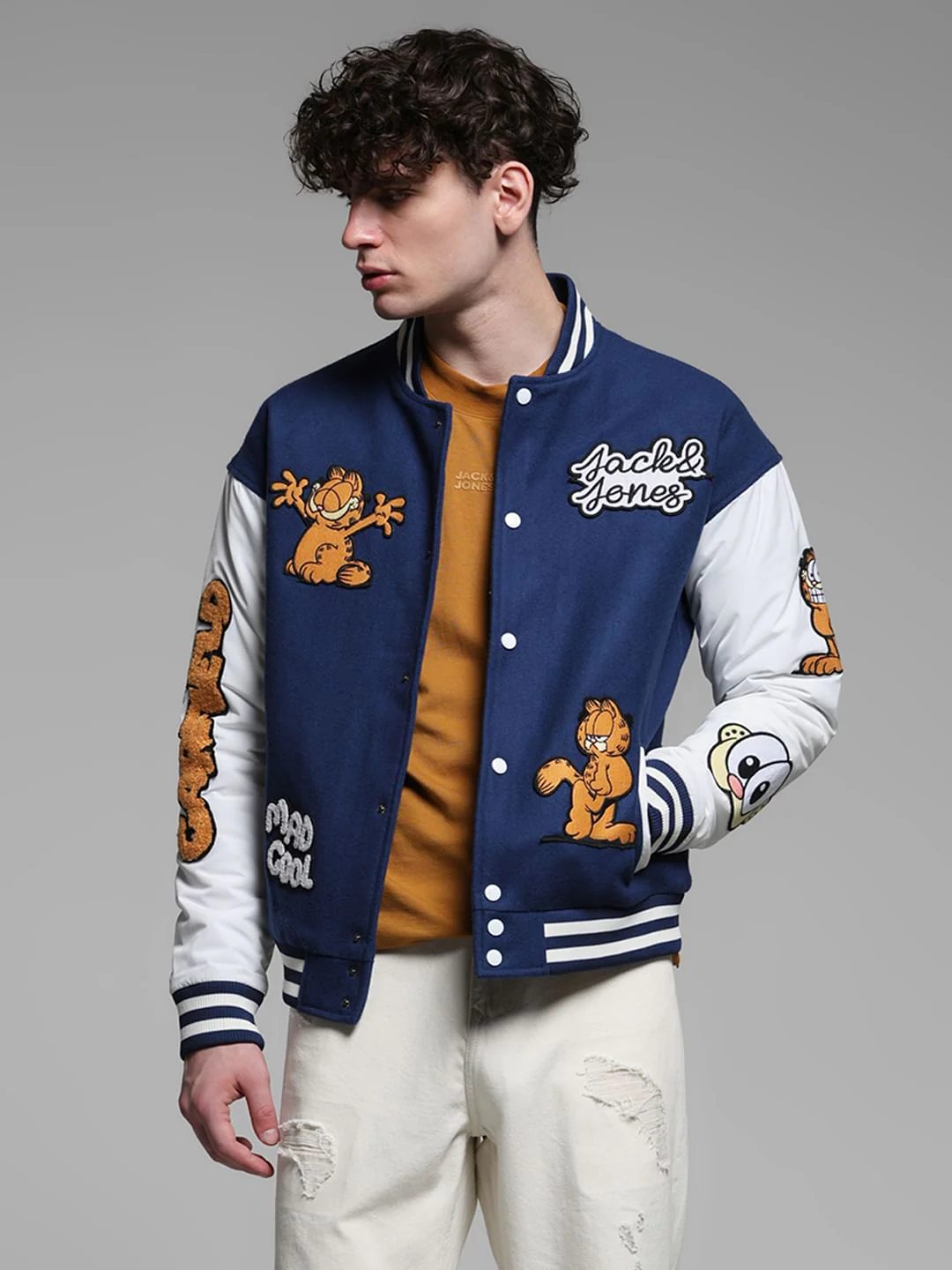 JACK&JONES X GARFIELD Blue Applique Patchwork Bomber Jacket - Image 2