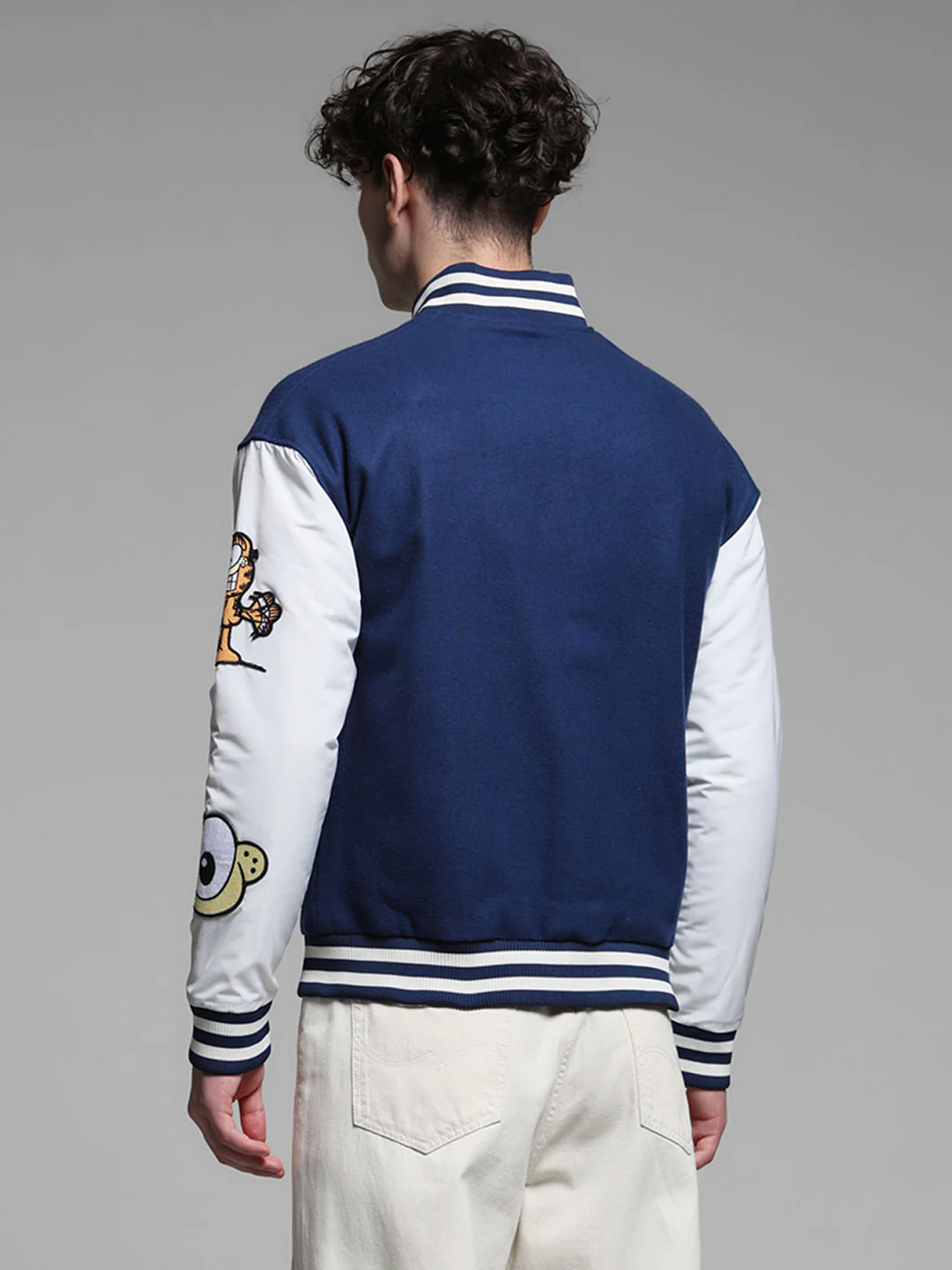 JACK&JONES X GARFIELD Blue Applique Patchwork Bomber Jacket - Image 4