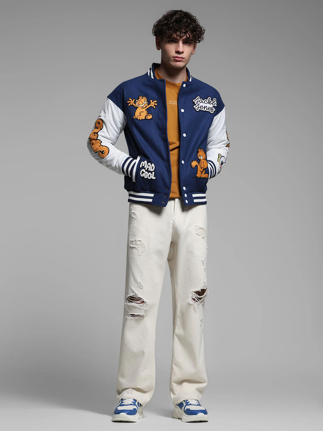 JACK&JONES X GARFIELD Blue Applique Patchwork Bomber Jacket - Image 7