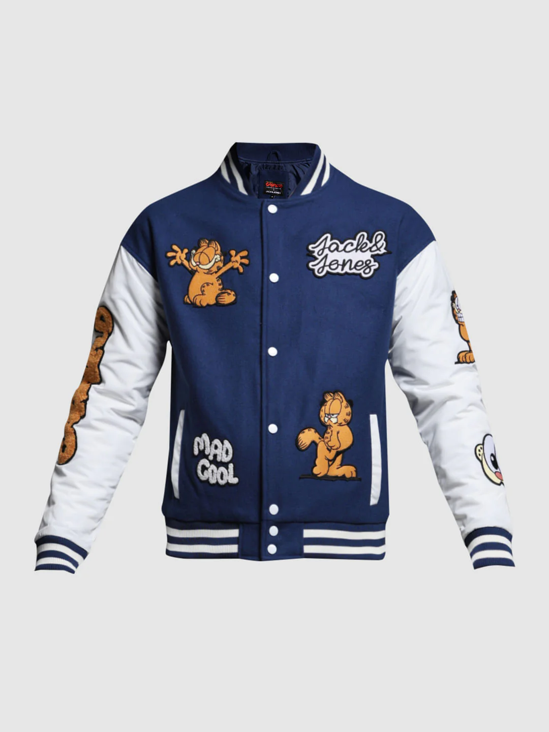 JACK&JONES X GARFIELD Blue Applique Patchwork Bomber Jacket - Image 8