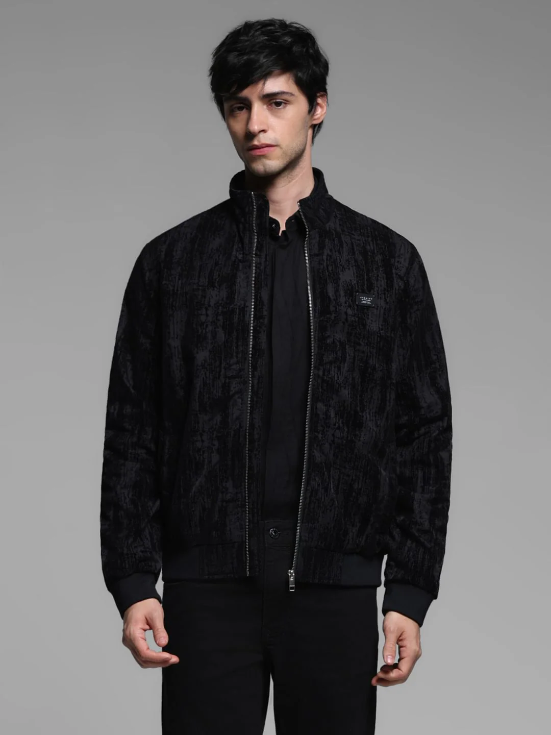 Black Flock Print Bomber Jacket - Image 2