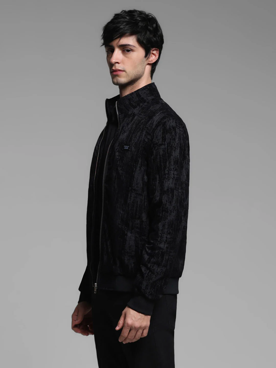 Black Flock Print Bomber Jacket - Image 3