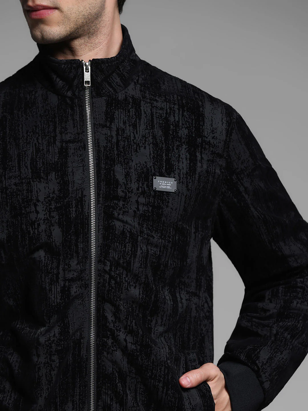 Black Flock Print Bomber Jacket - Image 5