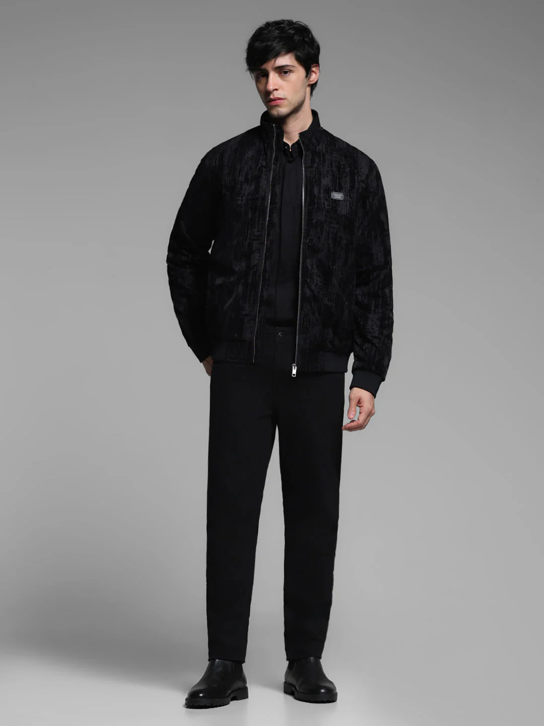Black Flock Print Bomber Jacket - Image 6