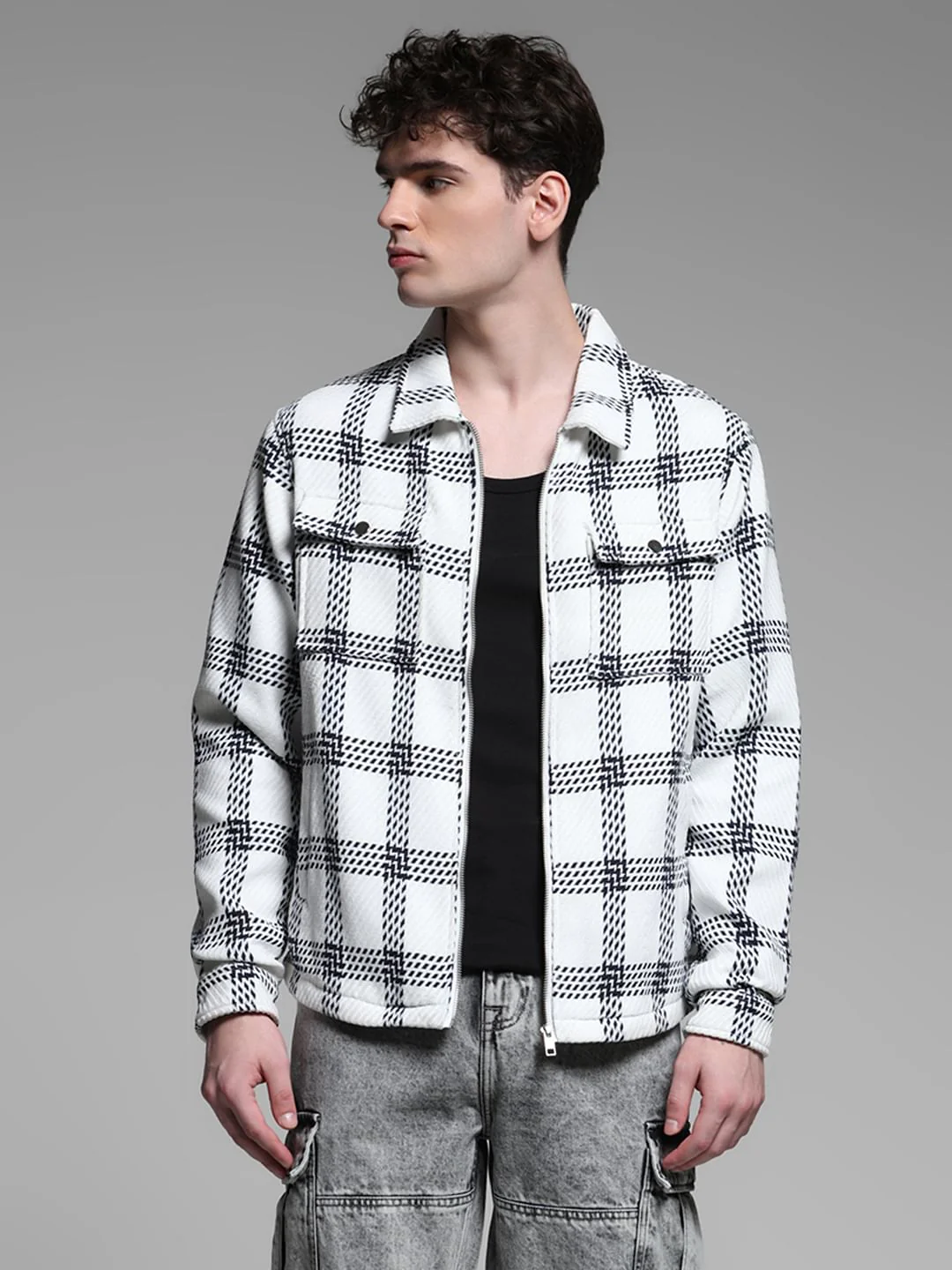 WHITE CHECK LONG SLEEVE JACKET - Image 2