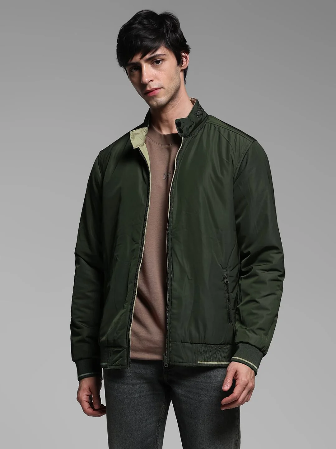 Olive Reversible High Neck Bomber Jacket - Image 2