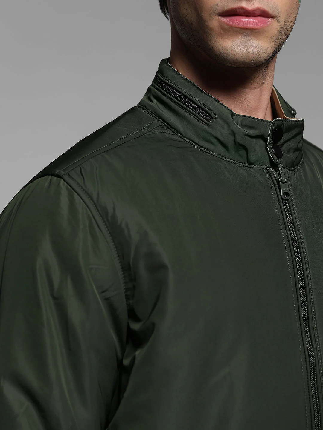 Olive Reversible High Neck Bomber Jacket - Image 7