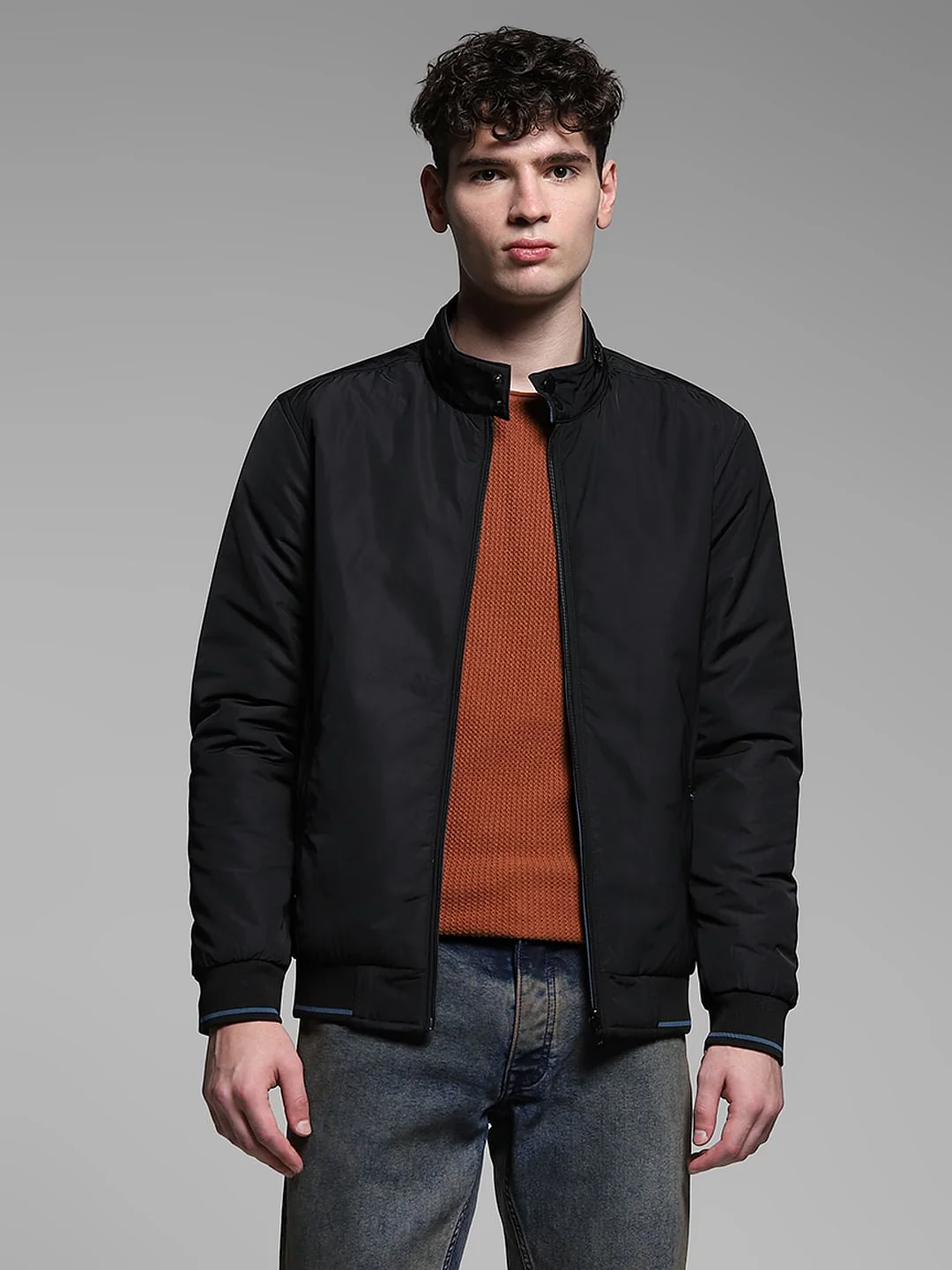 Dark Blue Reversible High Neck Bomber Jacket - Image 2