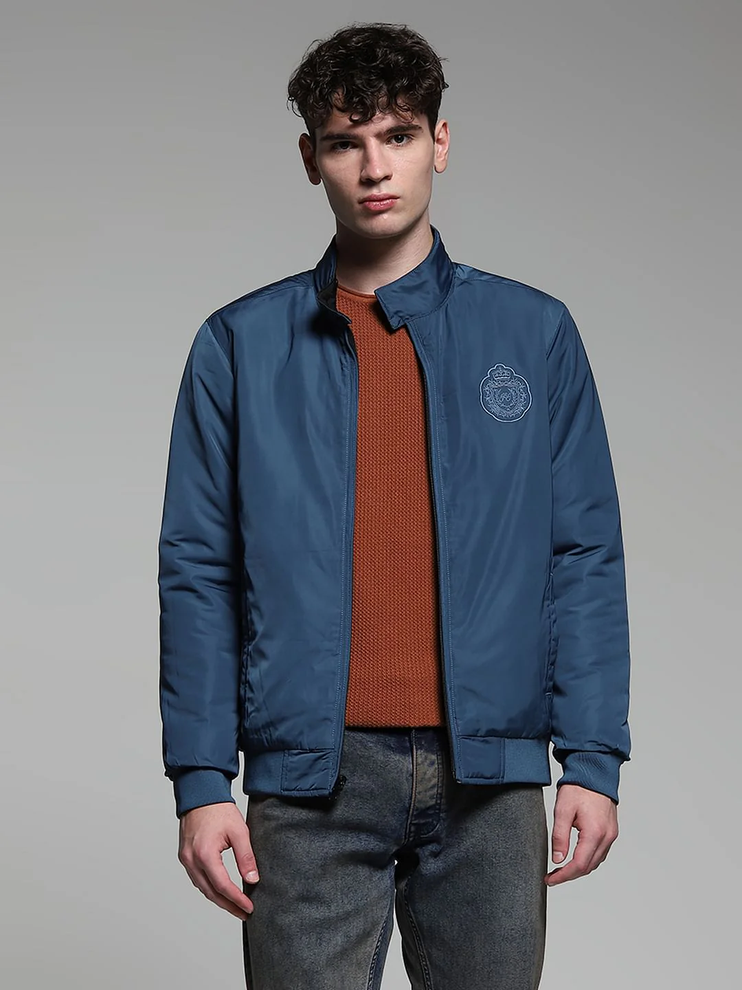 Dark Blue Reversible High Neck Bomber Jacket - Image 3