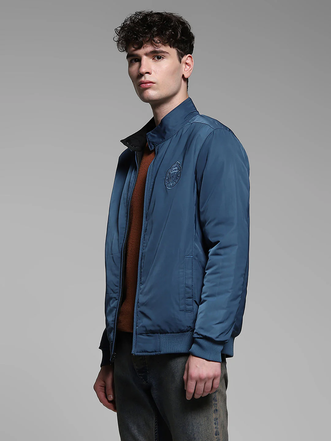 Dark Blue Reversible High Neck Bomber Jacket - Image 4