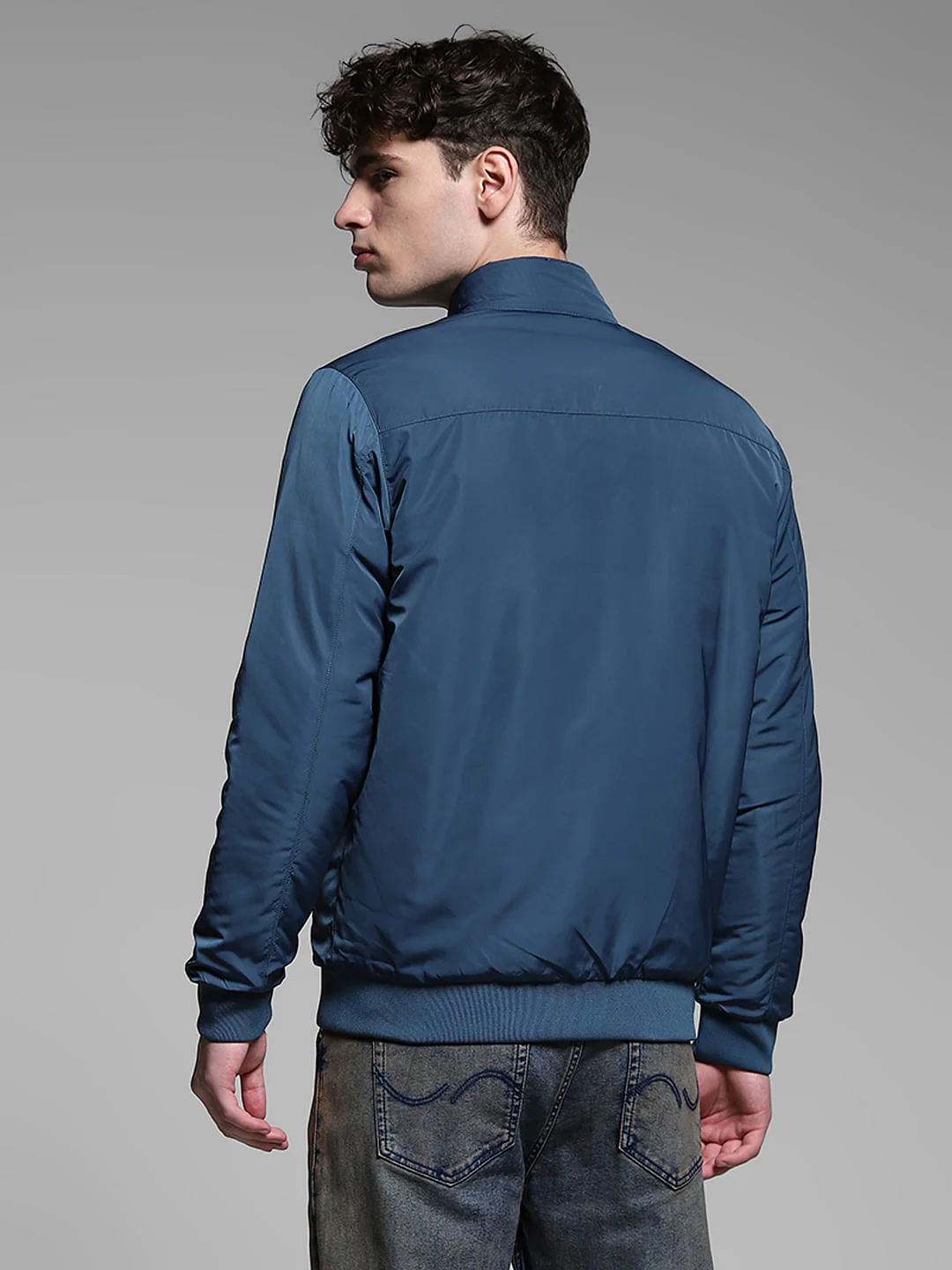 Dark Blue Reversible High Neck Bomber Jacket - Image 5