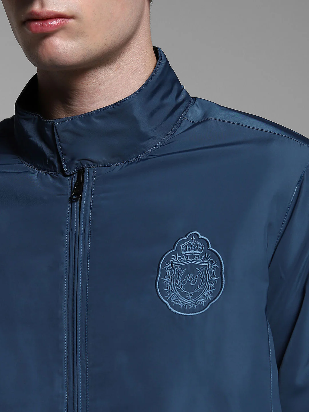 Dark Blue Reversible High Neck Bomber Jacket - Image 6