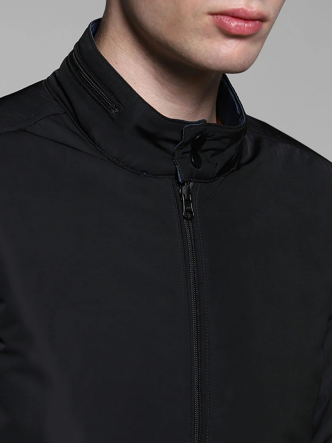 Dark Blue Reversible High Neck Bomber Jacket - Image 7