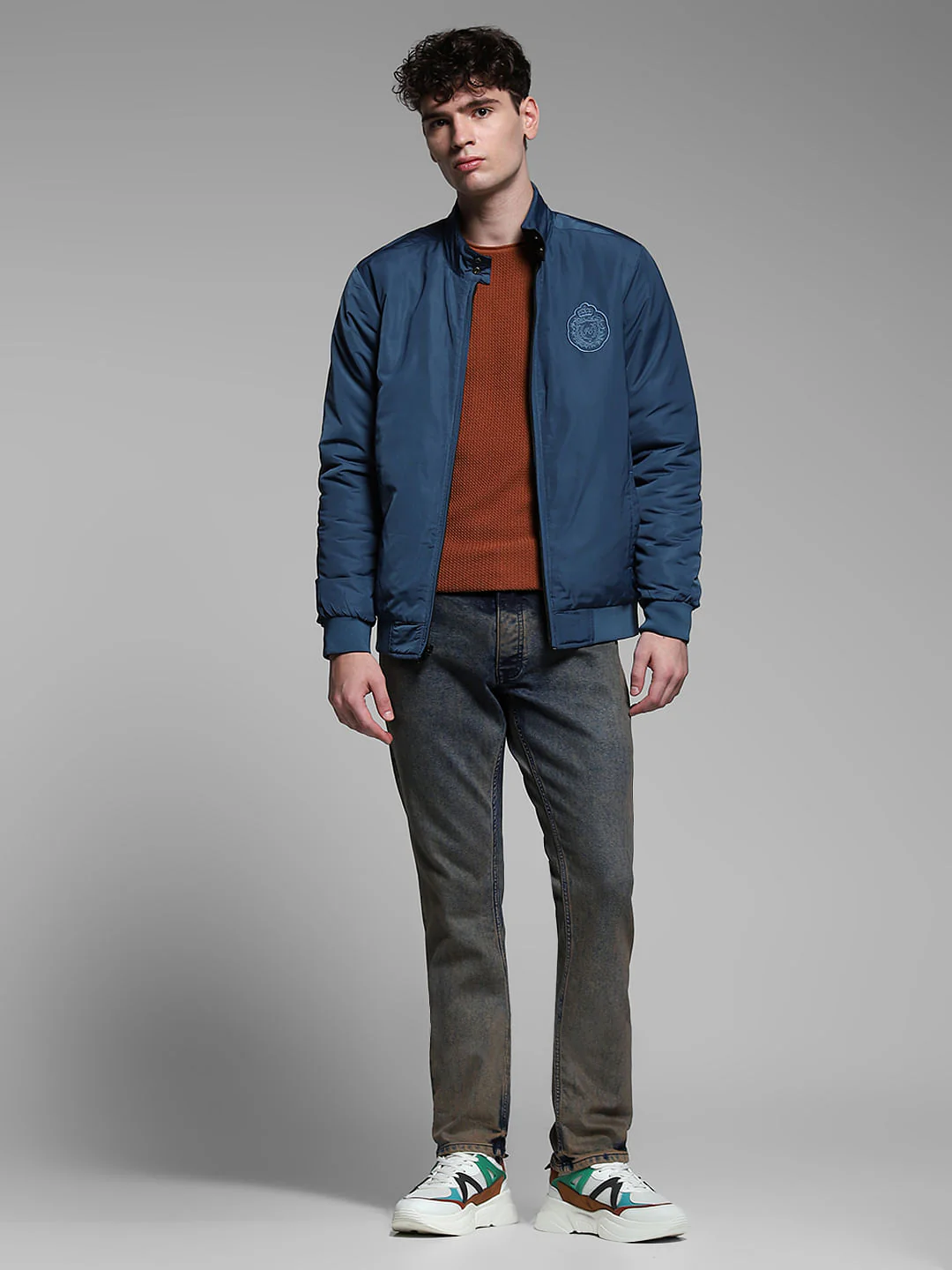 Dark Blue Reversible High Neck Bomber Jacket - Image 8