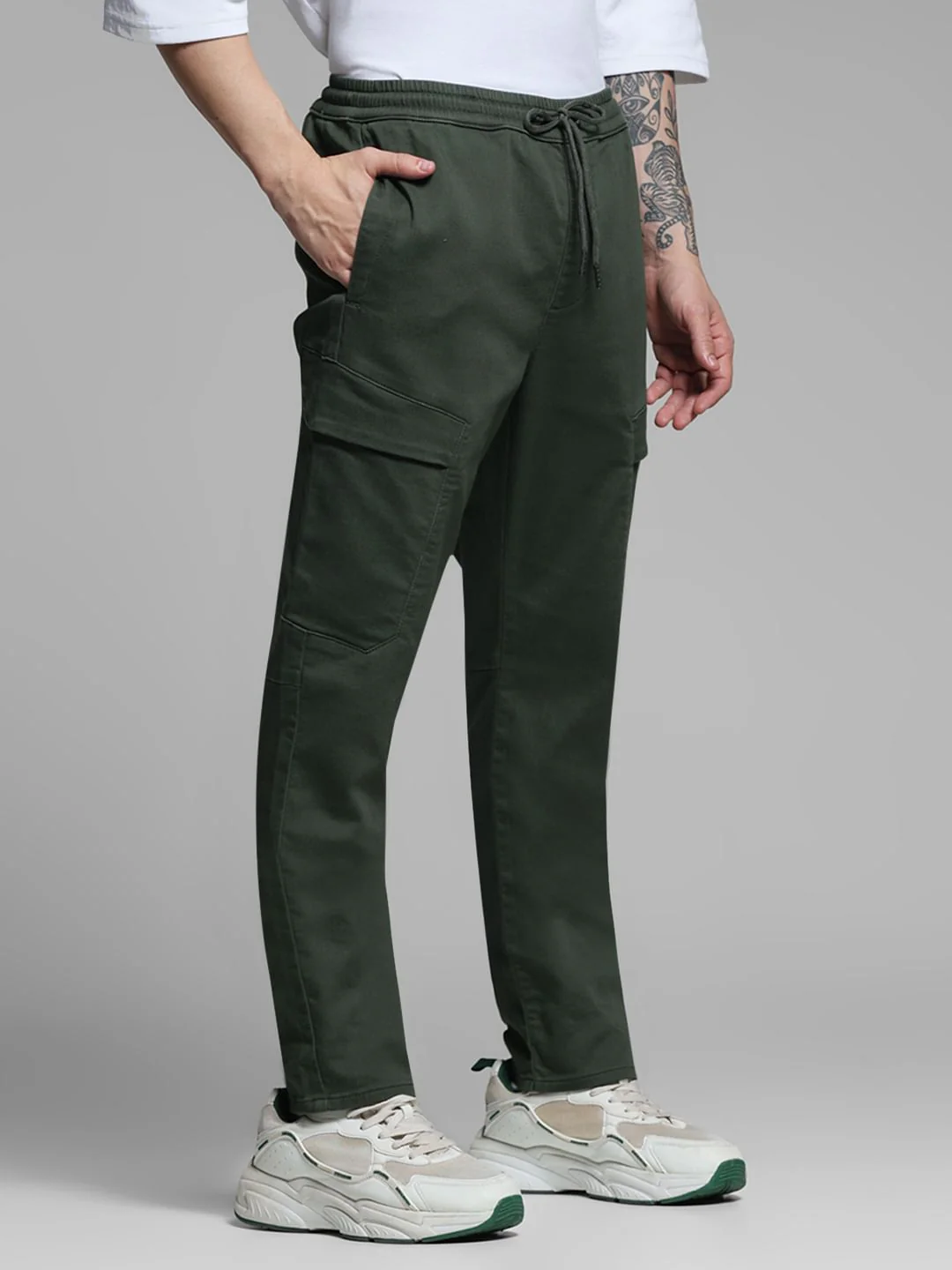 Olive Green Mid Rise Knitted Cargos - Image 2