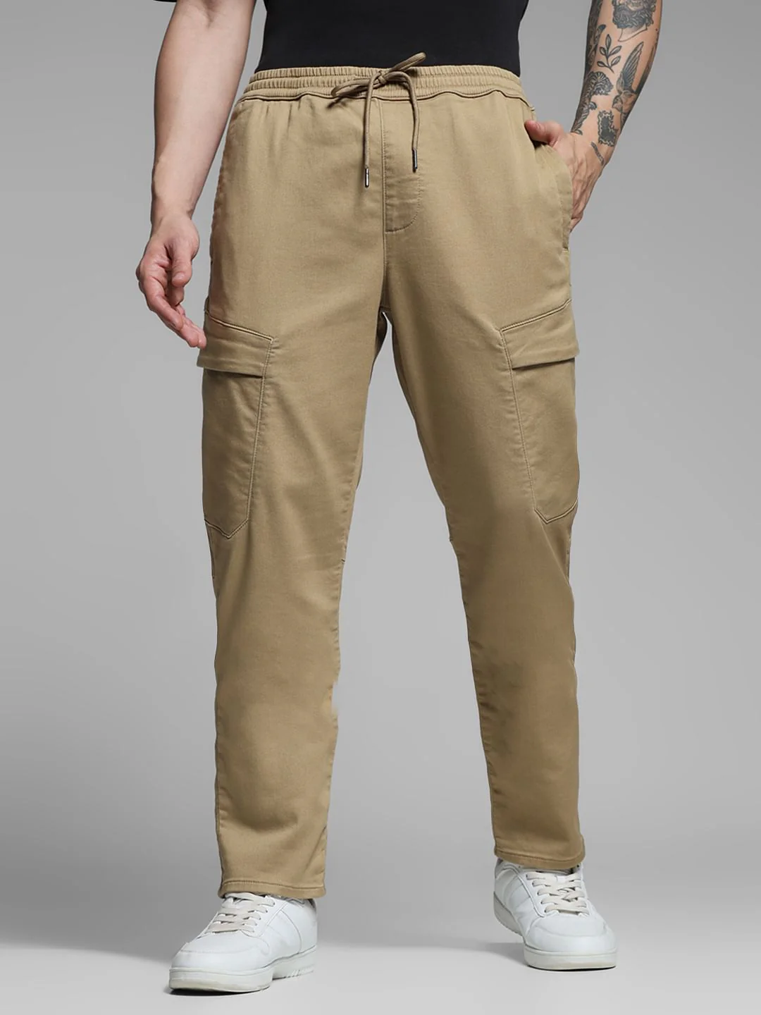 Beige Mid Rise Knitted Cargos