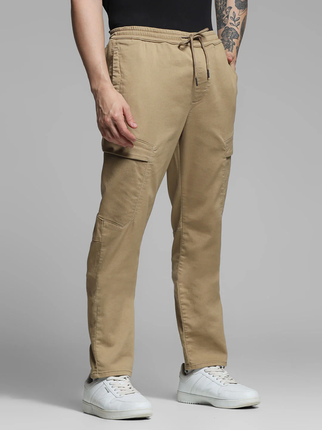 Beige Mid Rise Knitted Cargos - Image 2
