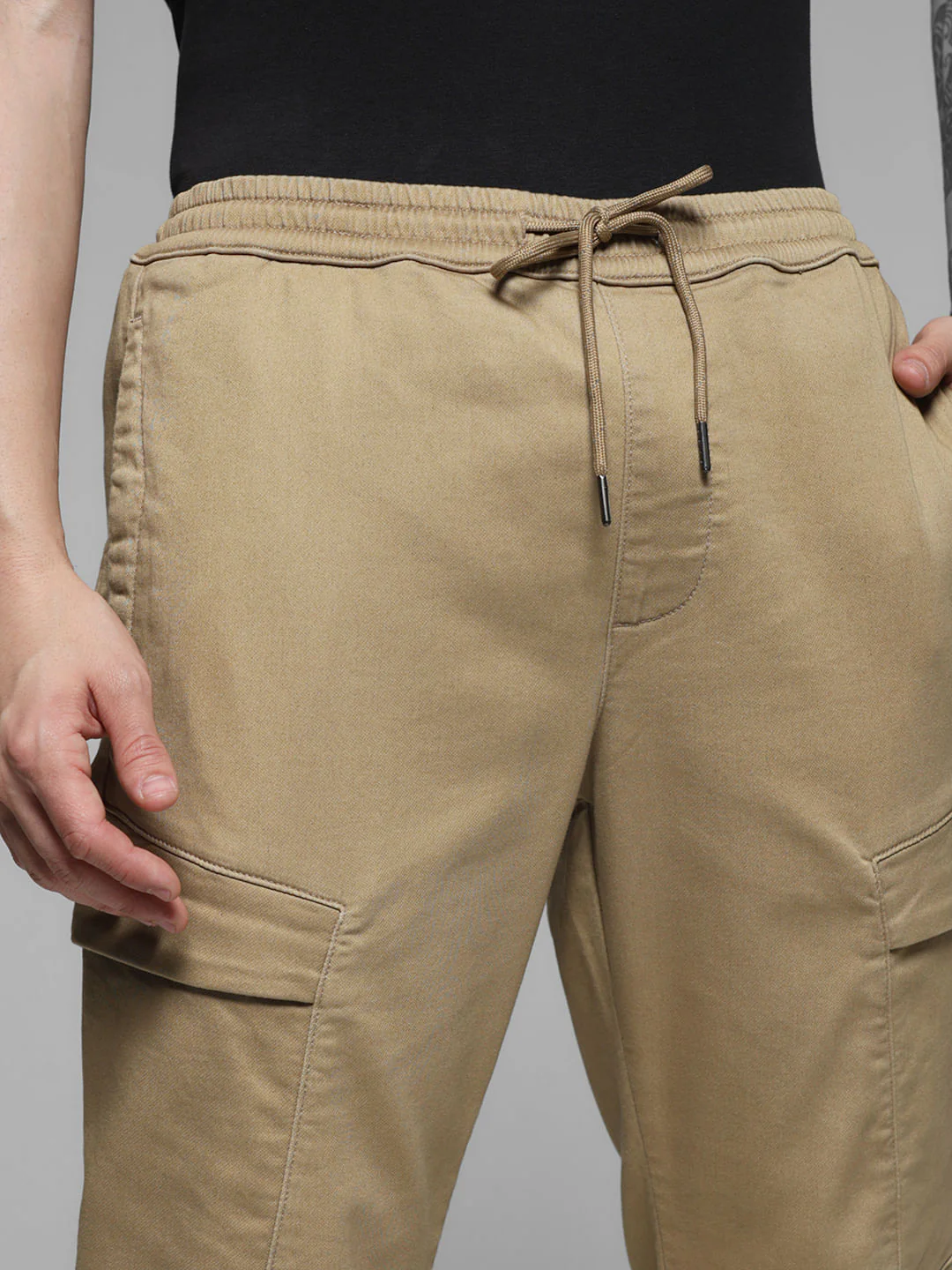 Beige Mid Rise Knitted Cargos - Image 4