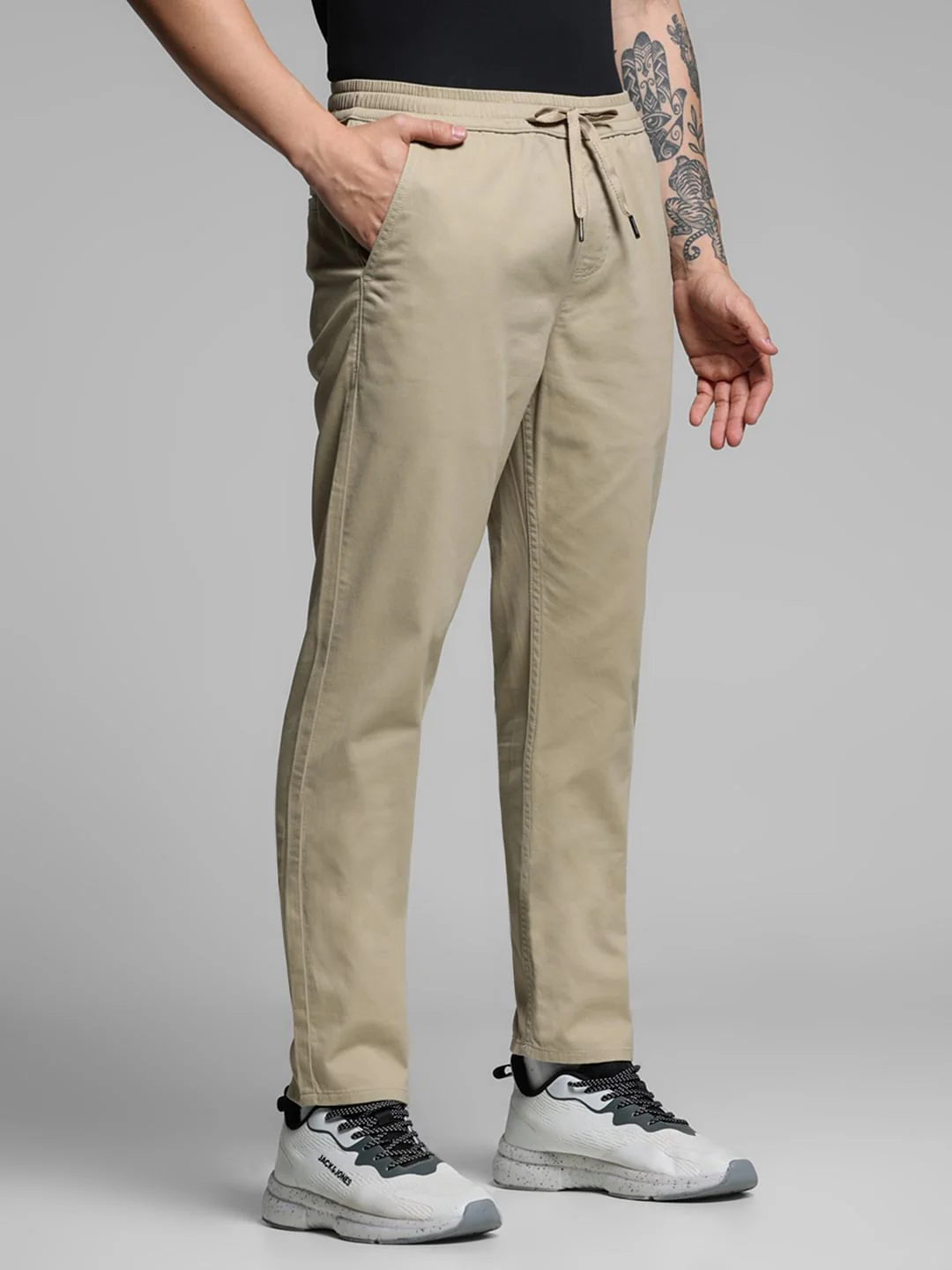 Beige Mid Rise Cotton Pants - Image 2