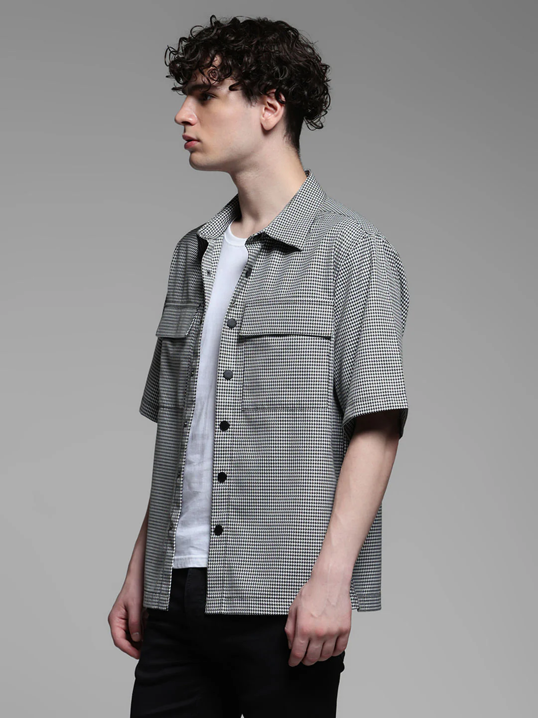 Black Check Cotton Short Sleeves Shirt - Image 3
