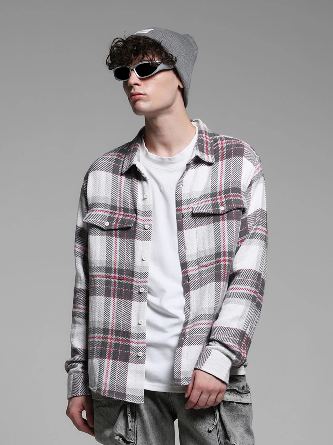 White Check Print Oversized Shirt