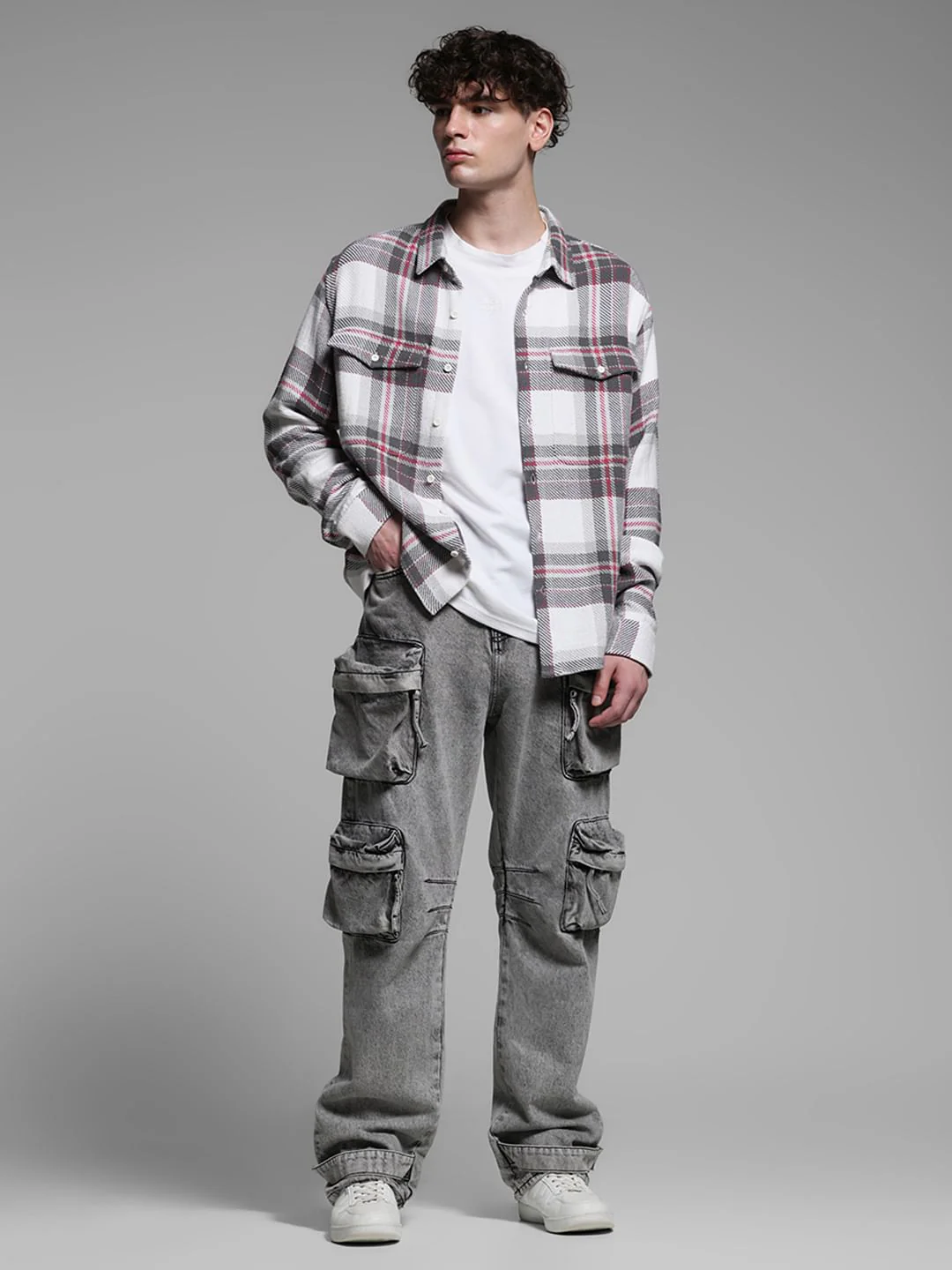 White Check Print Oversized Shirt - Image 6