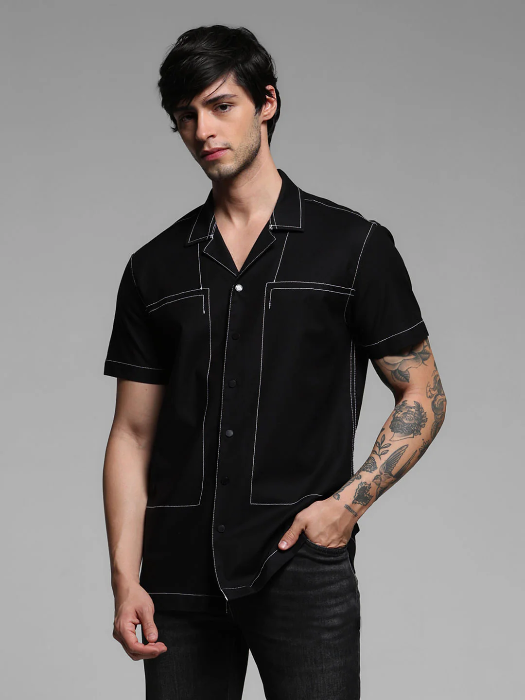 Black Contrast Stitch Short Sleeves Shirt - Image 2